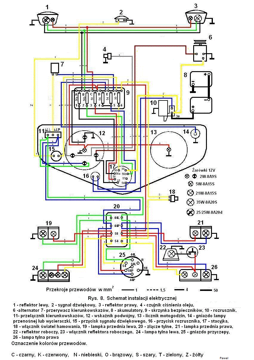 Schemat instalacji elektrycznej C360 wersja na alternator